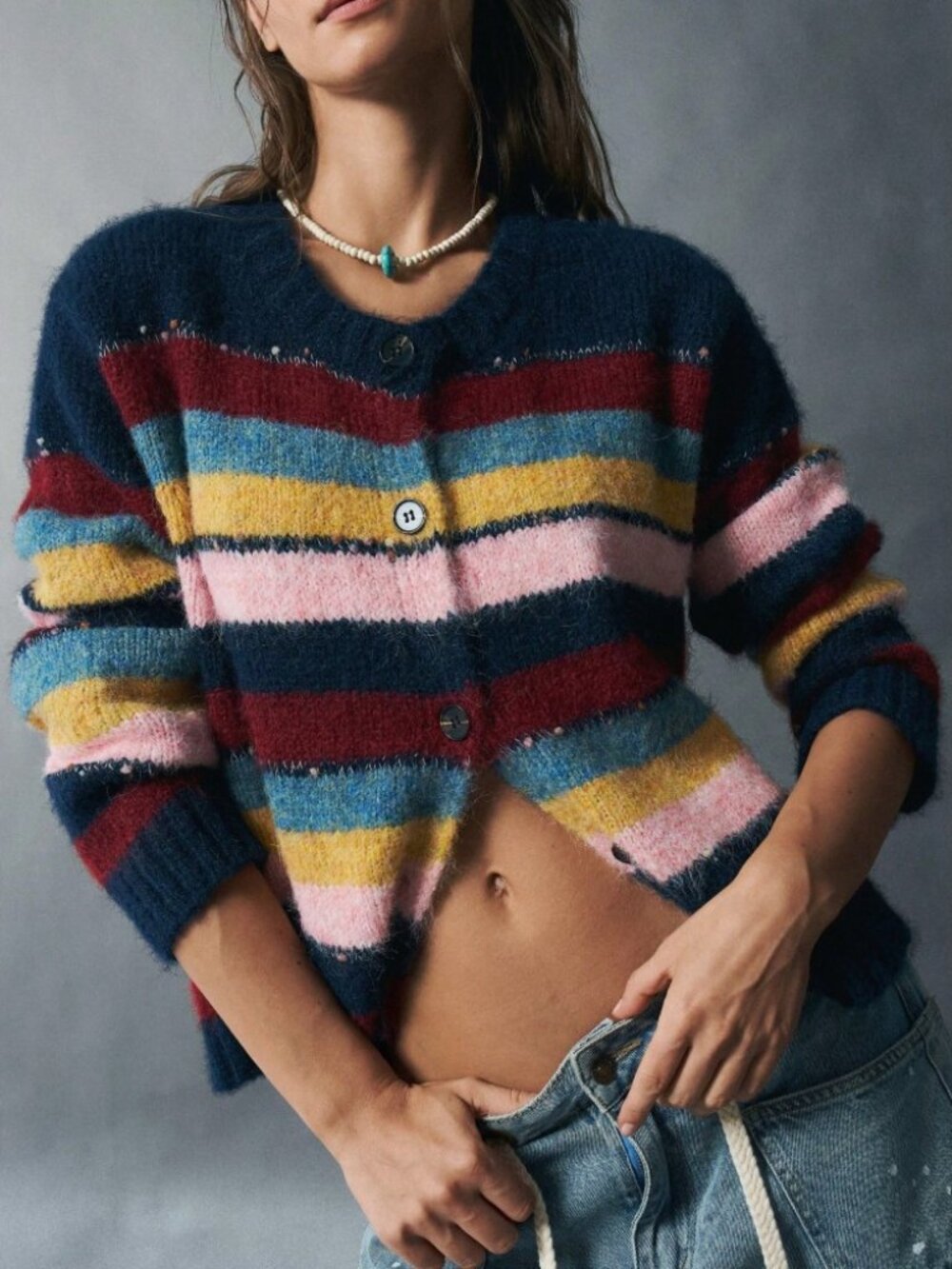 Multicolor Striped Fuzzy Knit Cardigan - Navy Blue & Burgundy